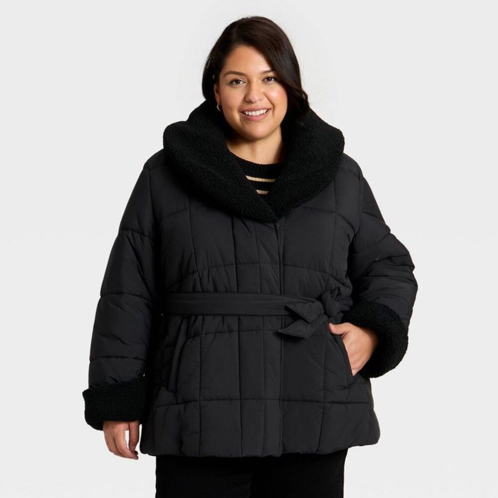 Women's Belted Faux Shearling Puffer Jacket - Ava & Viv Black 2X